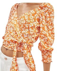 Bershka Wrap Top S Orange Daisy Floral V-Neck Cropped Bohemian‎ Beachy Summer